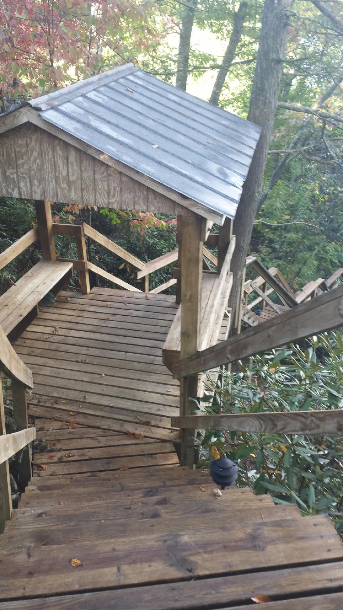 Metal roofed shelter over wooden steps on a wooded walkway — Skylight Repair & Installation work by our crew in Colliers